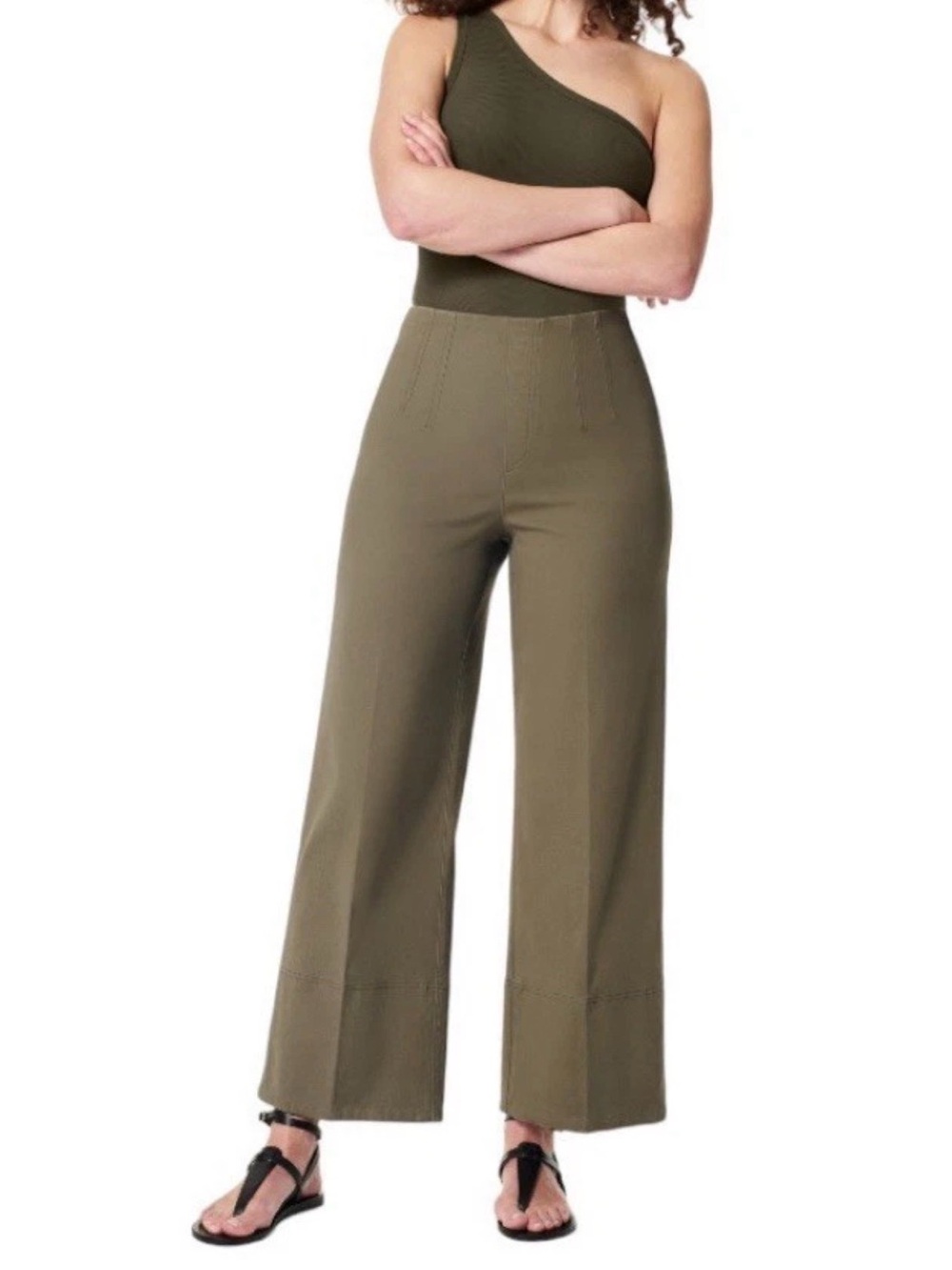 SPANX Stretch Twill Cropped Wide Leg Tuscan Olive Casual Pants , Size Medium - Picture 3 of 12